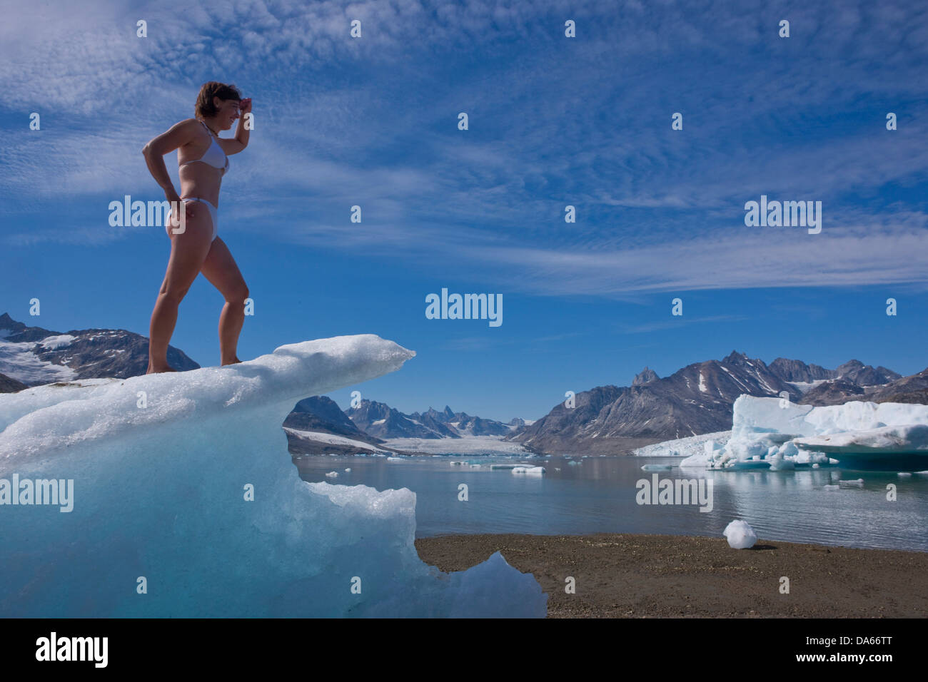 Sermiligaaq, Baden, Karale, camp, Greenland, East Greenland, glacier, ice, moraine, bath, woman, bikini, iceberg, humor Stock Photo