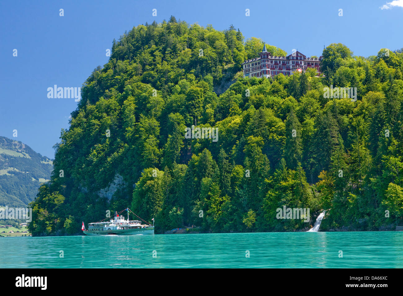 Steamboat, paddle steamer, Lötschberg, hotel, mountain torrent, ship, boat, ships, boats, water, waterfall, canton, Bern, Bernes Stock Photo