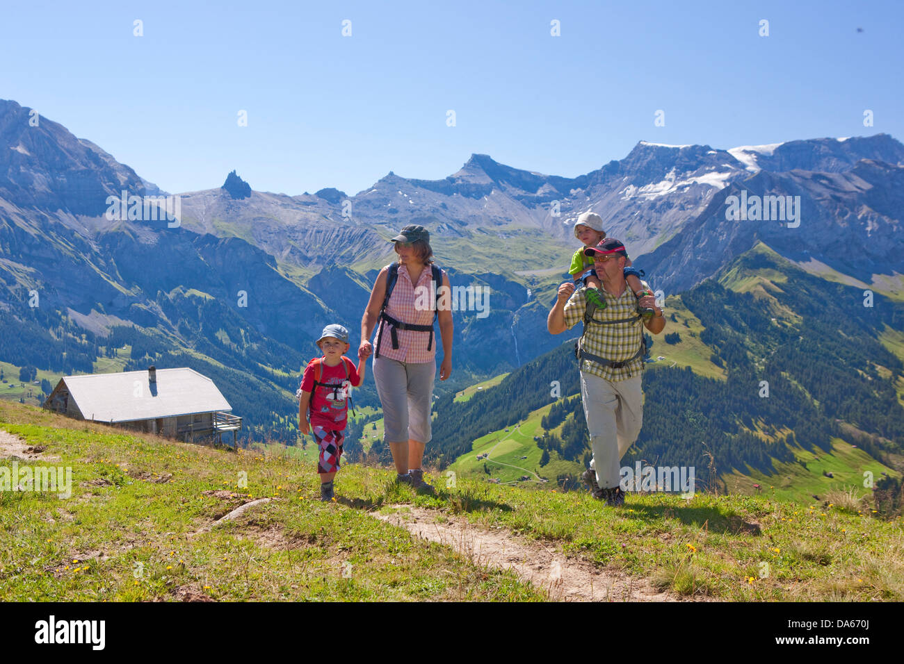 Family, walking, hiking, mountain, mountains, canton, Bern, Bernese Oberland, family, footpath, walking, hiking, trekking, Switz Stock Photo