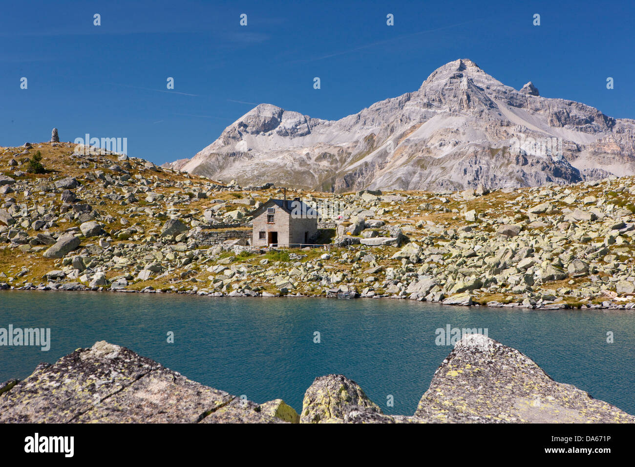 Suretta, Splügen, mountain, mountains, mountain lake, lake, canton, GR, Graubünden, Grisons, hut, mountain house, Switzerland, E Stock Photo
