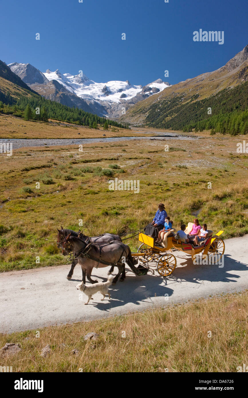 Horse coach, Val Roseg, nature, canton, GR, Graubünden, Grisons, horse, coach, car, carriage, horse car, Switzerland, Europe, fa Stock Photo