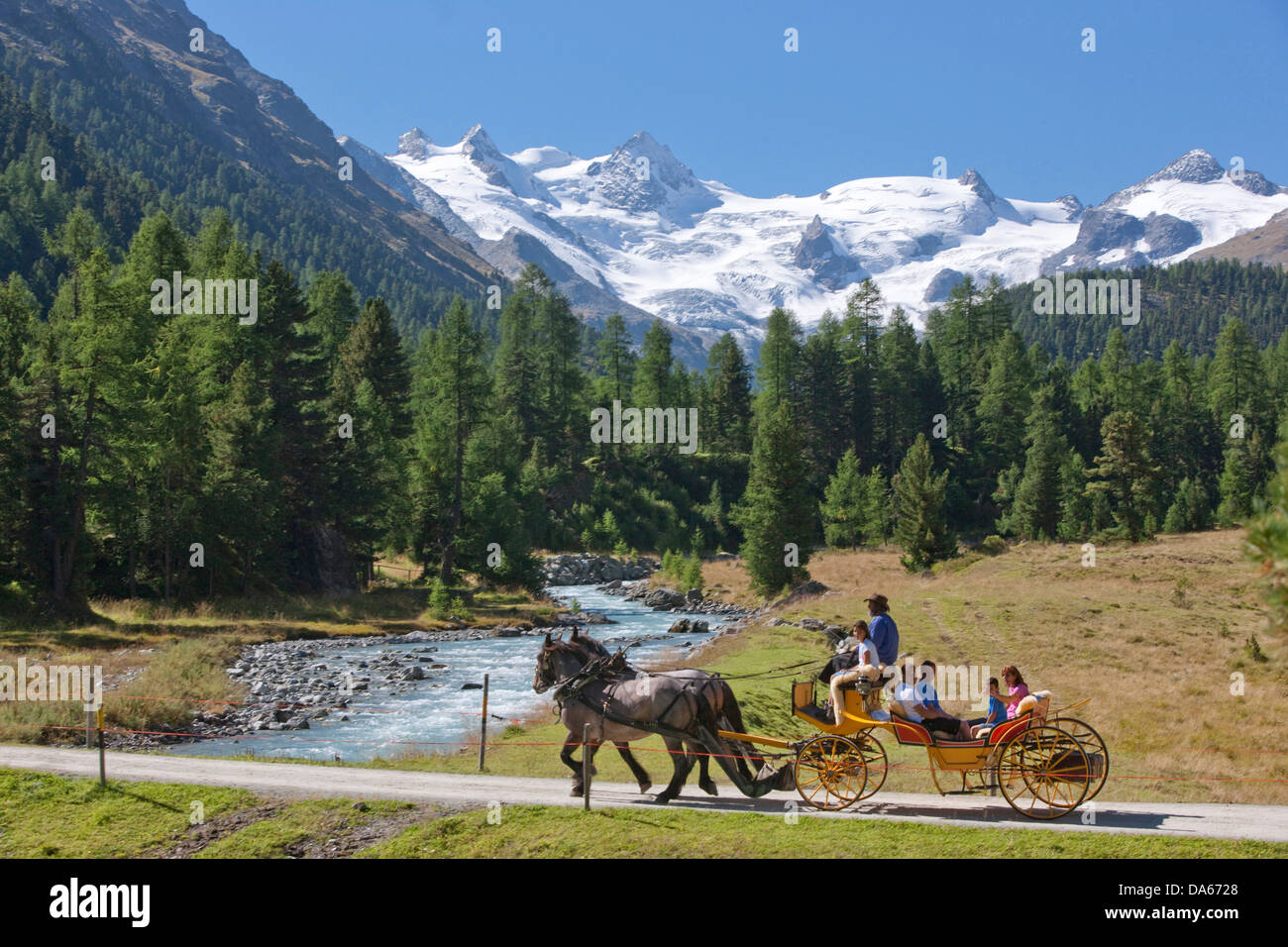 Horse coach, Val Roseg, nature, canton, GR, Graubünden, Grisons, horse, coach, car, carriage, horse car, Switzerland, Europe, fa Stock Photo