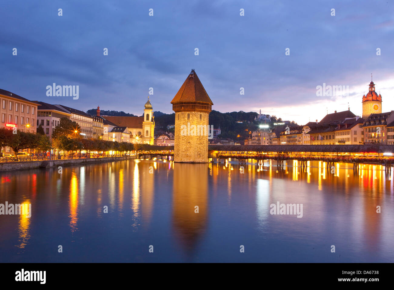 Chapel bridge, Lucerne, Luzern, bridge, night, dark, town, city, canton, LU, Switzerland, Europe, river, flow, Reuss Stock Photo