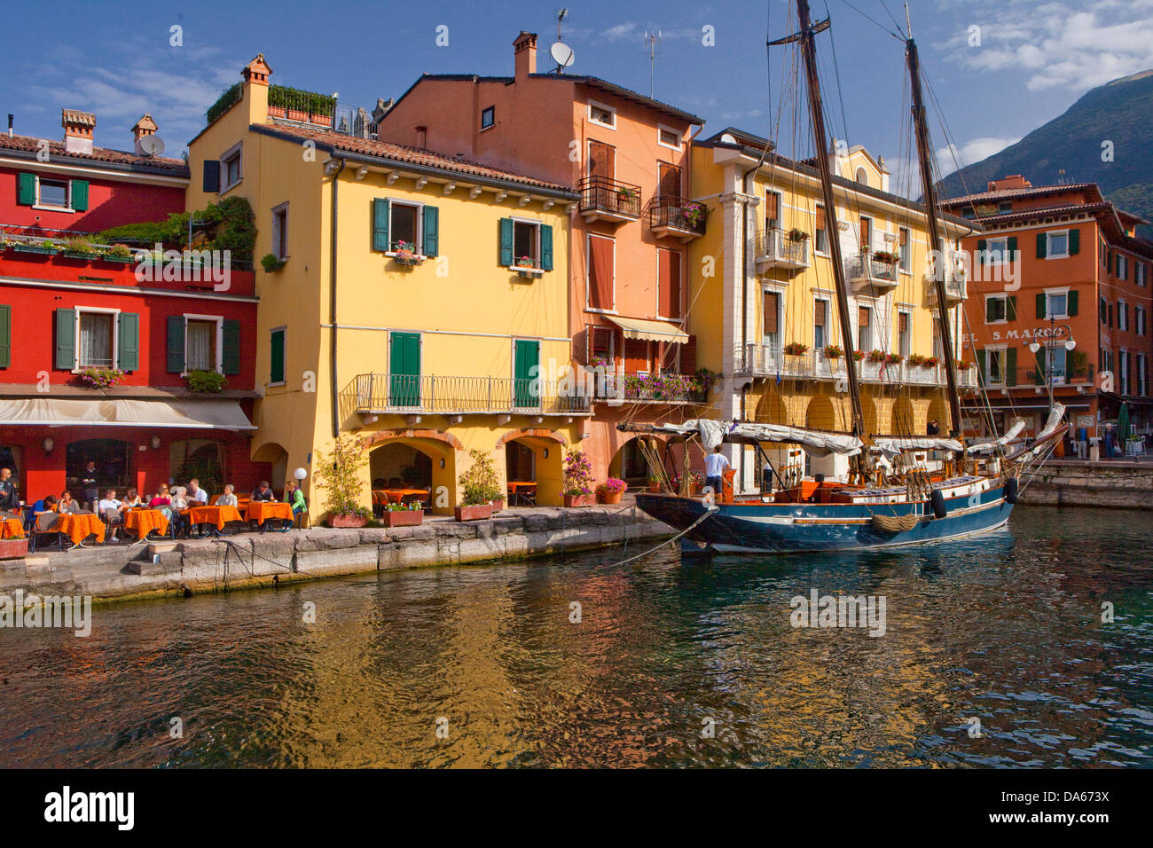 Malcesine, lake Garda, town, city, Italy, Europe, lake, lakes, two-masted, sailing boats, boat, houses, homes, Stock Photo