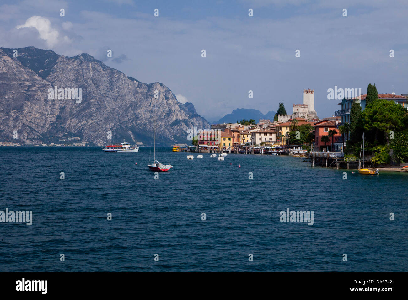 Malcesine, lake Garda, town, city, Italy, Europe, lake, lakes, mountains, boats Stock Photo
