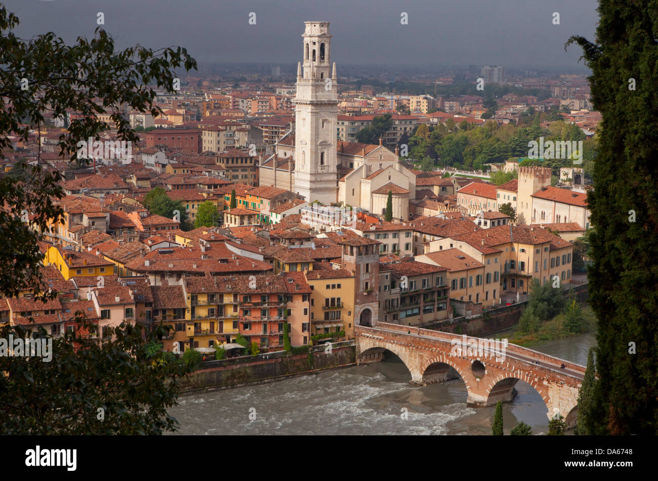 Ponte Pietra, cathedral, dome, Verona, Adige, town, city, Italy, Europe, bridge, river, flow, brook, body of water, water, house Stock Photo