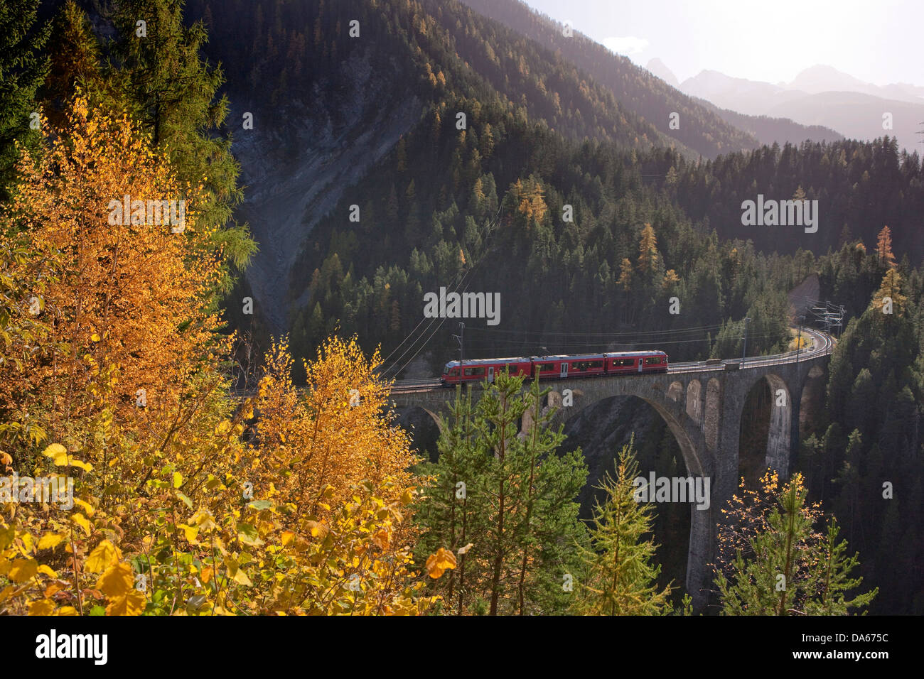 Rhaetian Railway, meadow viaduct, meadows, road, railway, train, railroad, bridge, autumn, wood, forest, canton, GR, Graubünden, Stock Photo