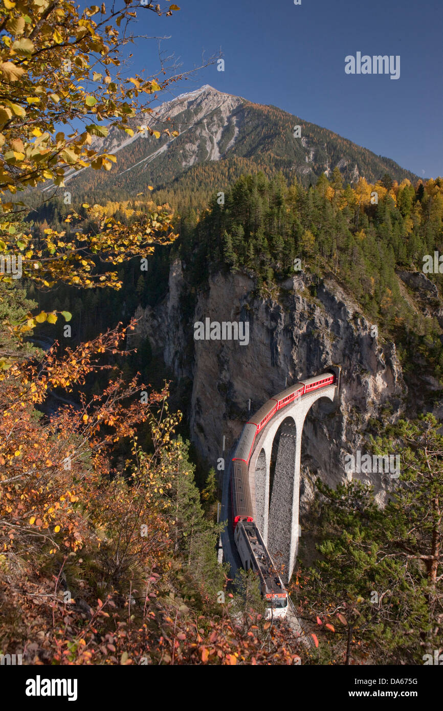 Rhaetian Railway, Landwasserviadukt, road, railway, train, railroad, bridge, autumn, wood, forest, canton, GR, Graubünden, Griso Stock Photo