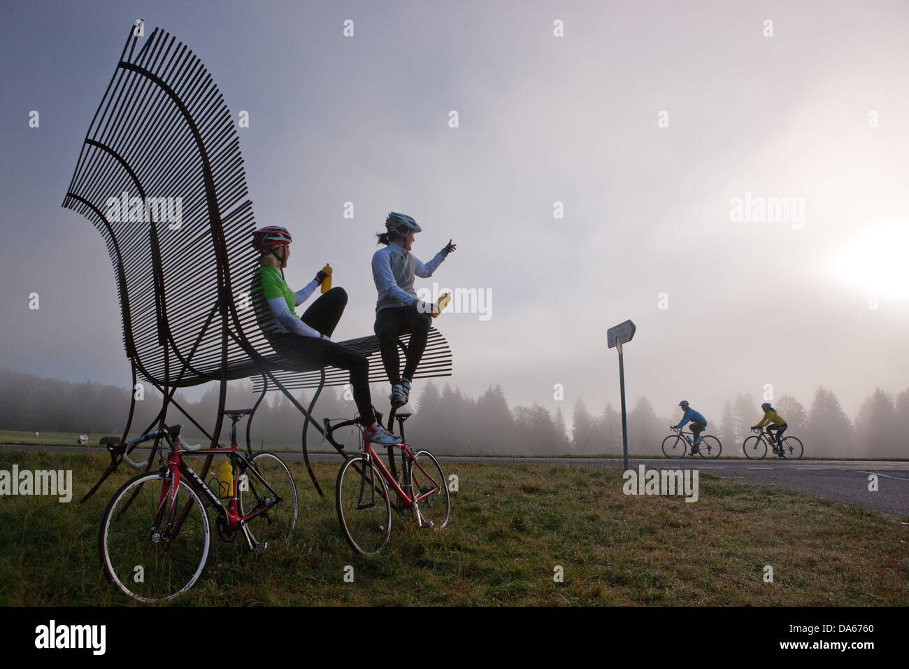 Cyclist, biker, Mont Crosin, fog, sea of fog, fog, canton, Bern, JU, Jura, autumn, bicycle, bicycles, bike, riding a bicycle, re Stock Photo
