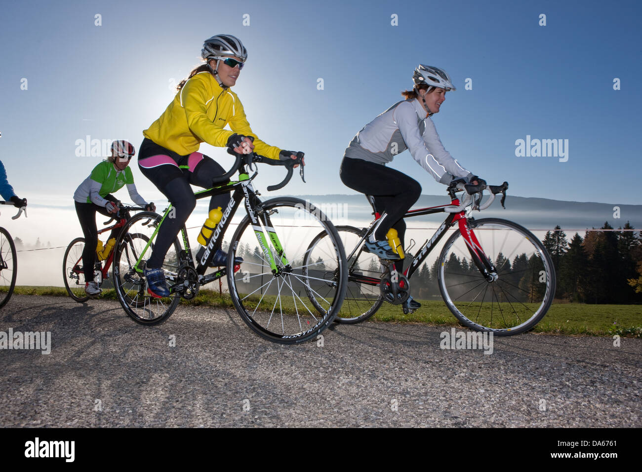 Cyclist, biker, Mont Crosin, Chasseral, agriculture, fog, sea of fog, fog, canton, Bern, JU, Jura, autumn, bicycle, bicycles, bi Stock Photo