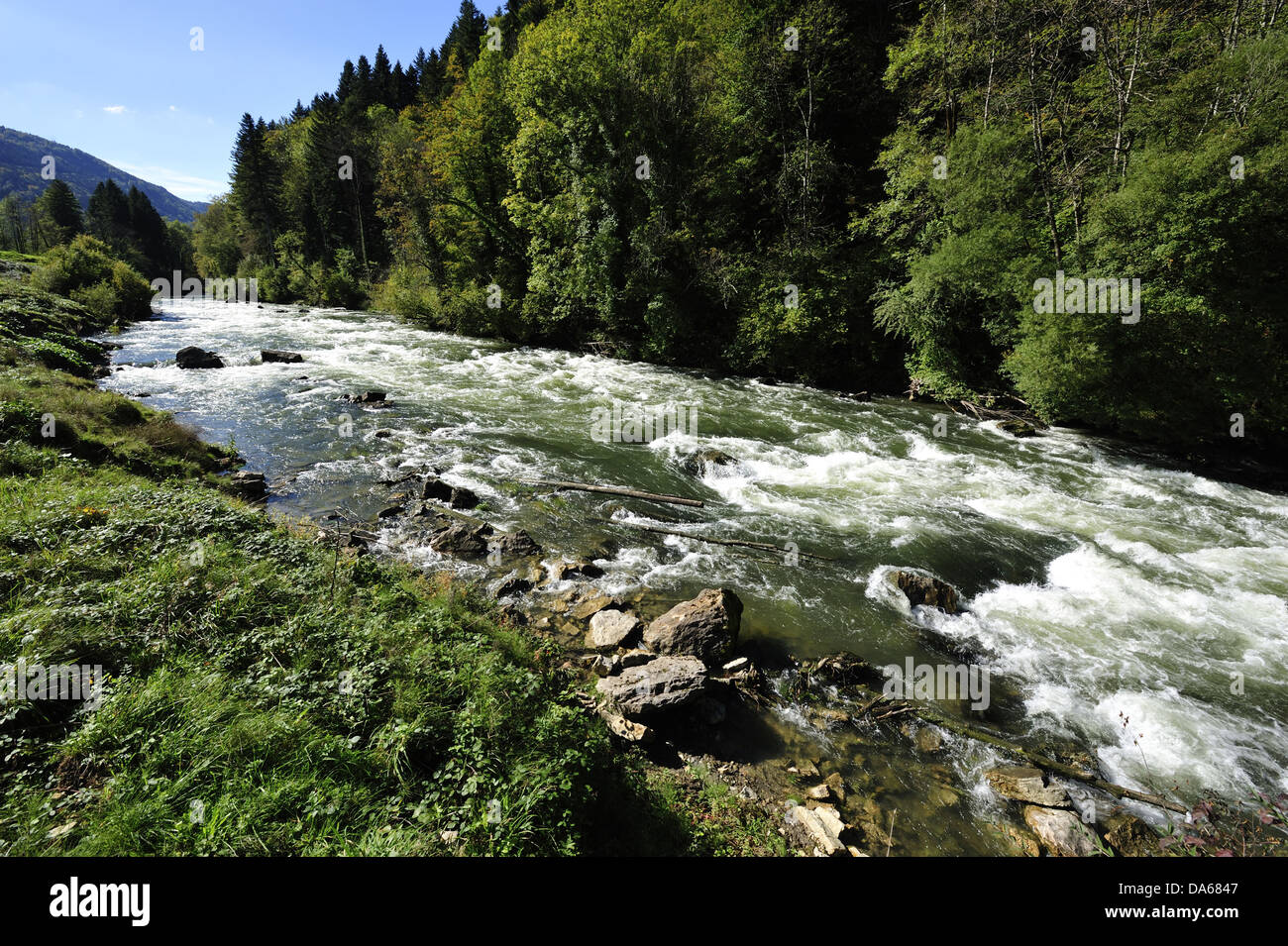 River Doubs, river, rapids, Le Champois, Soubey, Clos du Doubs, Canton, Jura, Switzerland Stock Photo