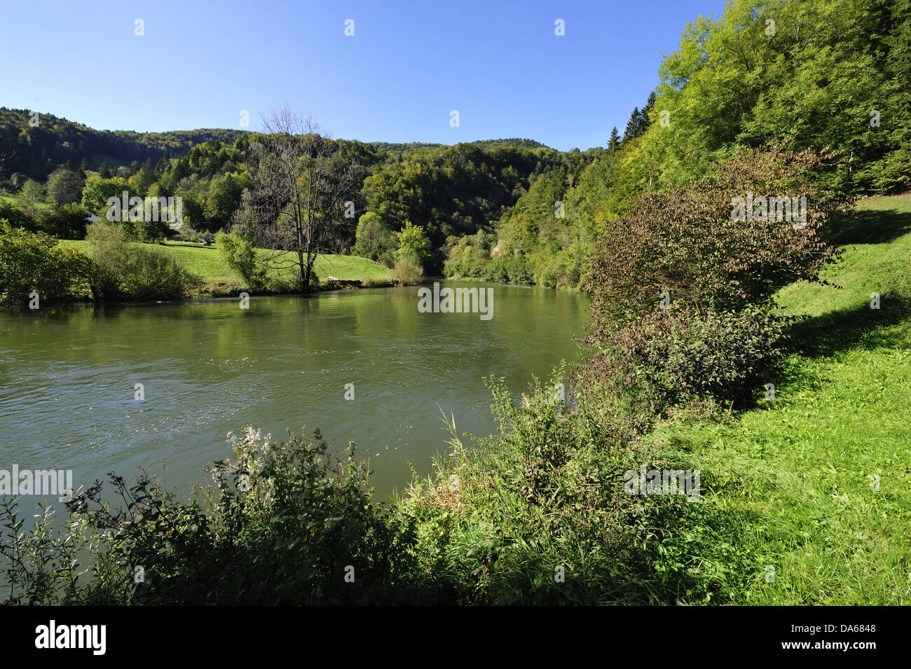 River Doubs, river, Soubey, autumn, autumn colours, Clos du Doubs, Canton, Jura, Switzerland Stock Photo