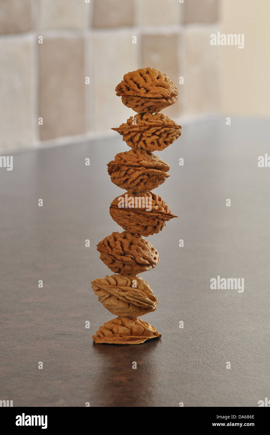 A vertical stack of dried Peach stones Stock Photo