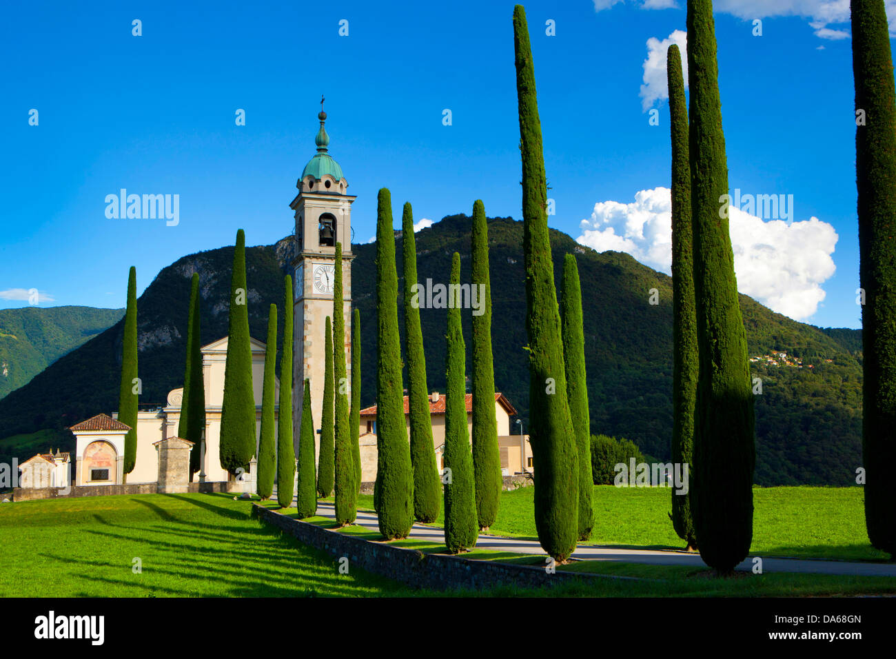 Gentilino, Switzerland, Europe, canton, Ticino, church, Sant' Abondio, cypresses Stock Photo