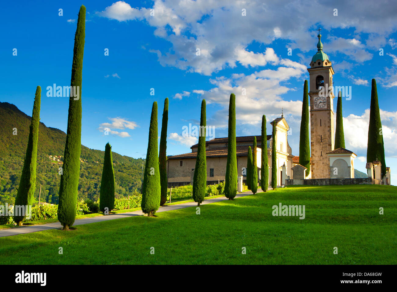 Gentilino, Switzerland, Europe, canton, Ticino, church, Sant' Abondio, cypresses Stock Photo