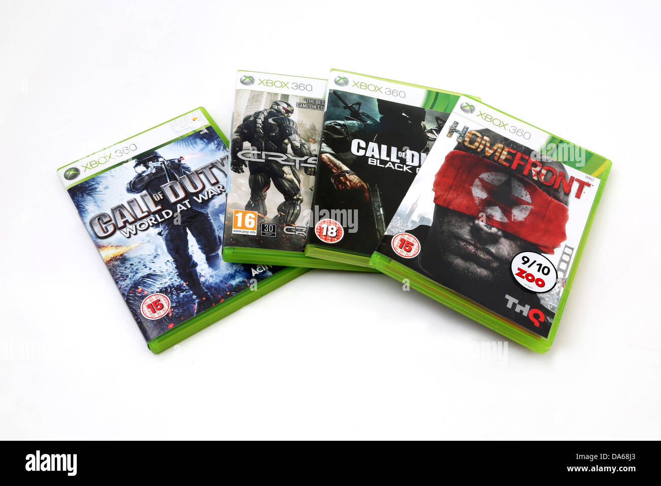 4 XBOX 360 Games Call Of Duty World At War, Crysis 2, Call Of Duty Black  Ops And Homefront Stock Photo - Alamy