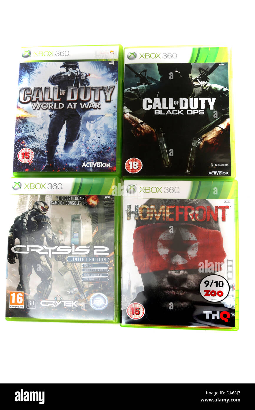 4 XBOX 360 Games Call Of Duty World At War, Crysis 2, Call Of Duty Black Ops  And Homefront Stock Photo - Alamy