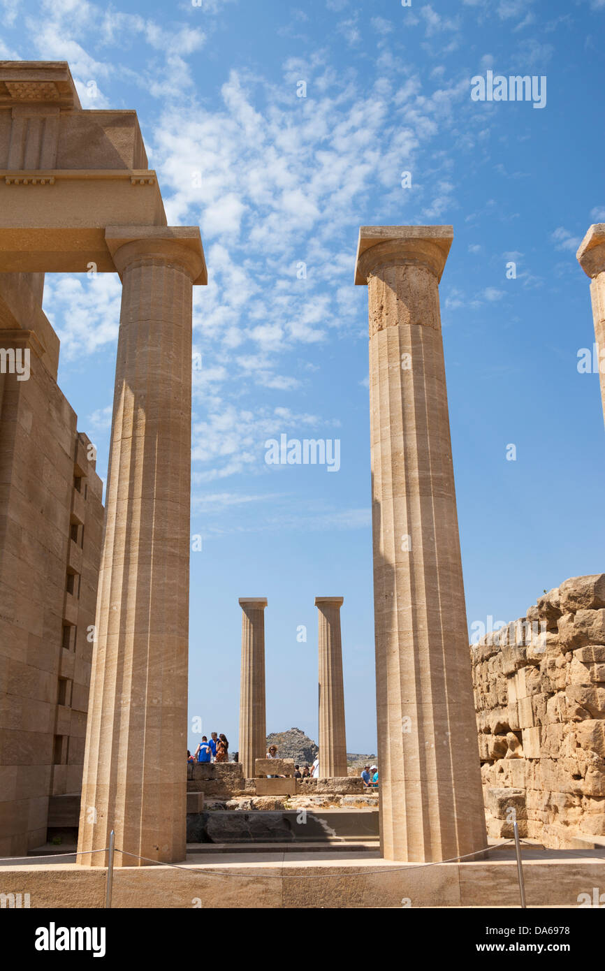 Columns of the Doric Temple of Athena Lindia, the Acropolis, Lindos, Rhodes, Greece Stock Photo