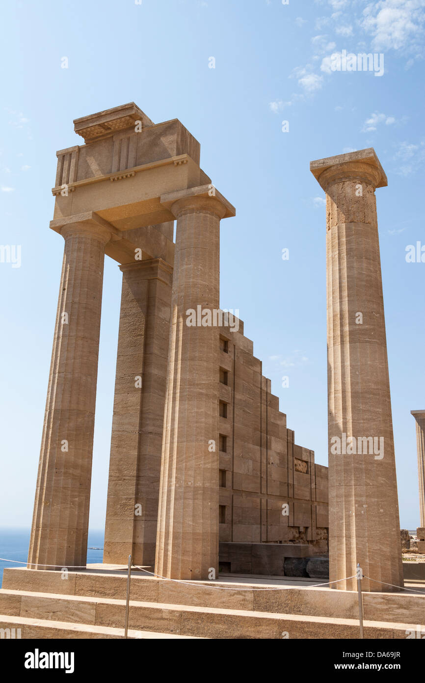 Doric Temple of Athena Lindia, the Acropolis, Lindos, Rhodes, Greece Stock Photo
