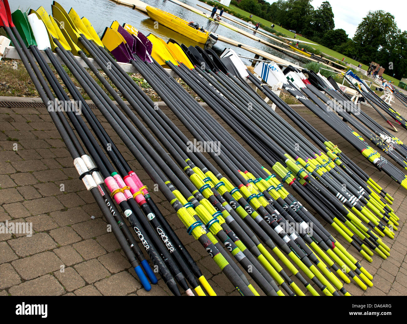 A collection of oars on a rack ready for use in a regatta Stock Photo ...