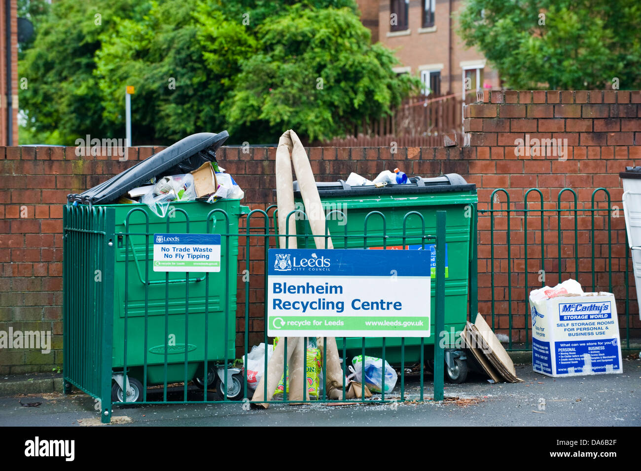 Over flowing wheelie bins at Blenheim Recycling Centre Leeds West
