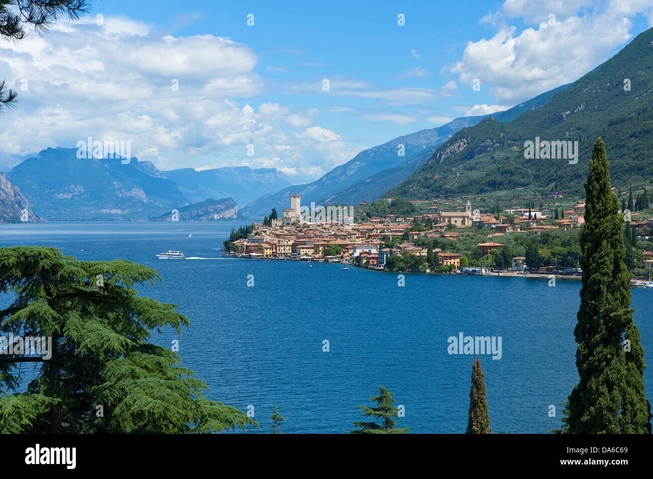 Lake Garda, Italy, Europe, Lago di Garda, Malcesine, town view, outside, daytime, nobody, deserted, lake, mountain landscape, mo Stock Photo