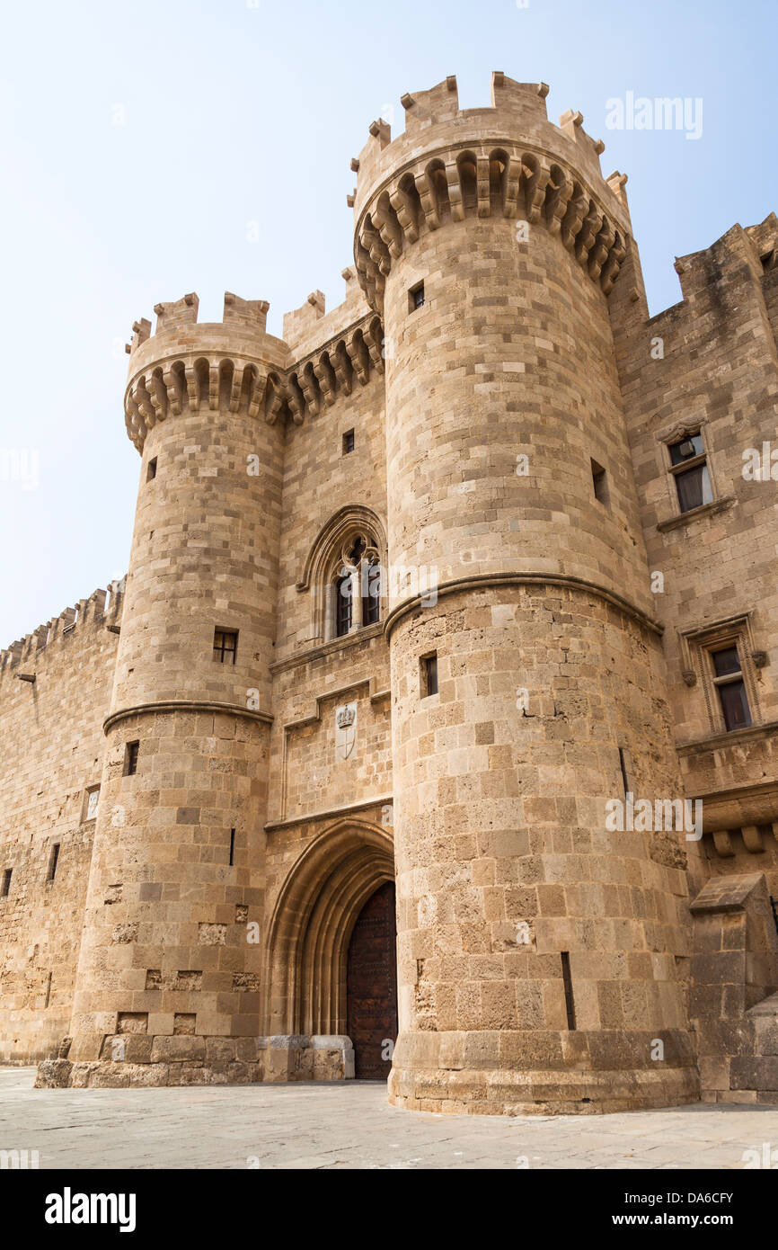 Rhodes, Greece, Grandmaster Palace architecture entry and towers Stock  Photo - Alamy