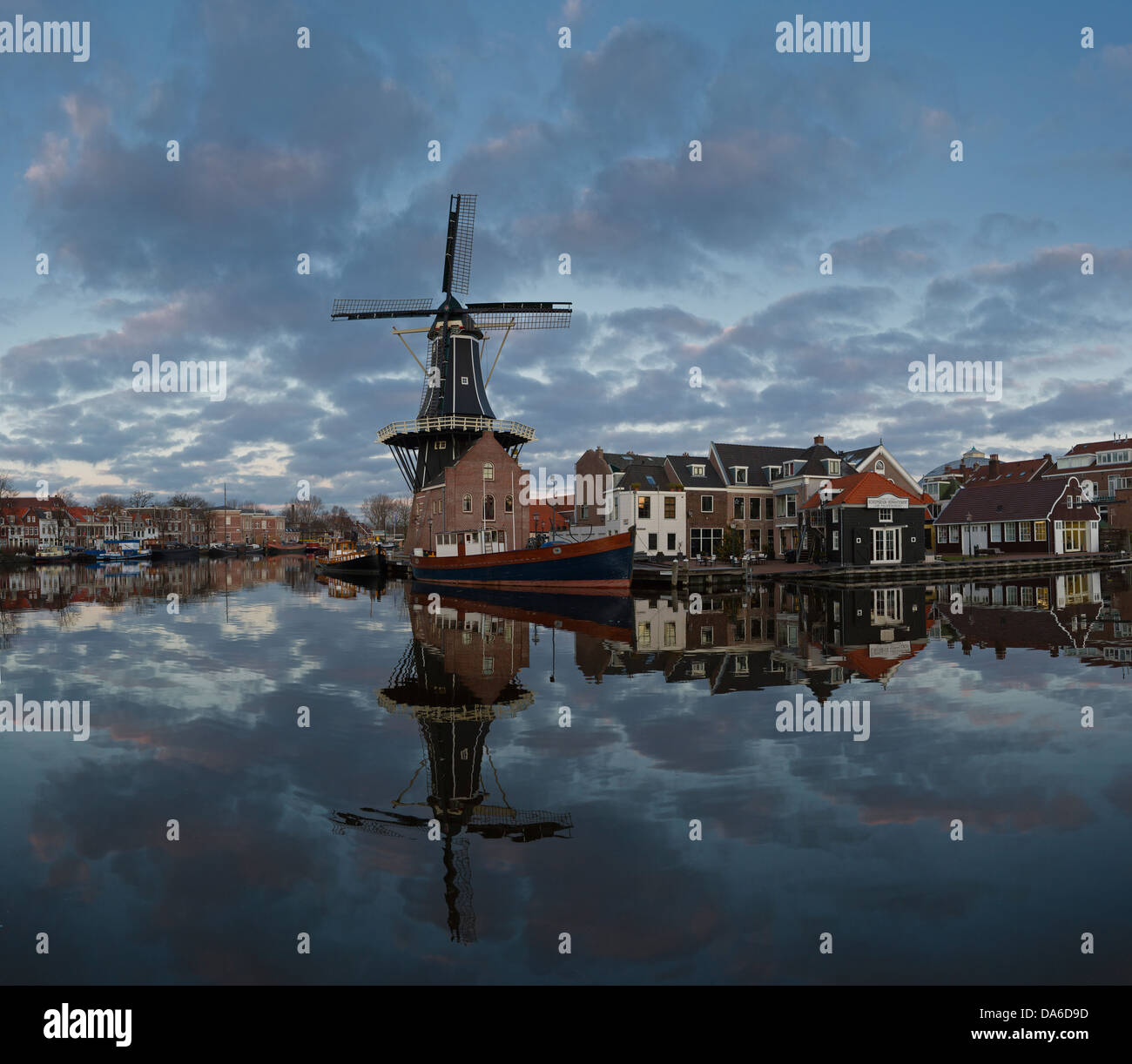 Holland, Netherlands, Europe, Haarlem, Windmill, de Adriaam, river, Spaarne, windmill, water, winter, reflections, Stock Photo