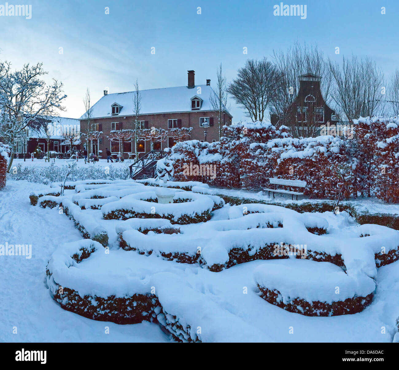 Holland, Netherlands, Europe, Zaandam, Open-air, museum, Zaanse Schans, garden, city, village, winter, snow, ice, Stock Photo