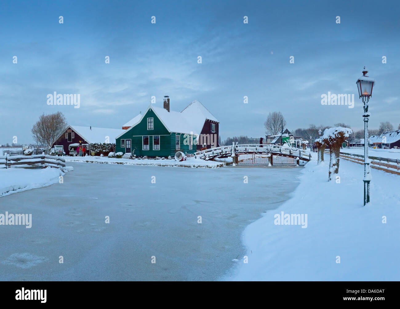 Holland, Netherlands, Europe, Zaandam, Open-air, museum, Zaanse Schans, farm, water, winter, snow, ice, Stock Photo