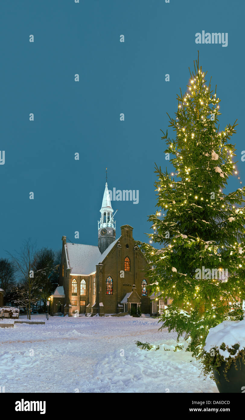 Holland, Netherlands, Europe, Koog aan de Zaan, Christmas, church, monastery, forest, wood, trees, winter, snow, ice, Stock Photo
