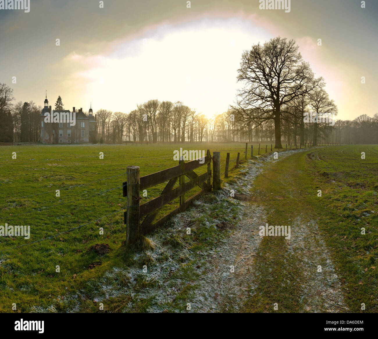 Gelderland, Netherlands, Europe, Vorden, Hackfort, castle, field, meadow, trees, winter, Stock Photo
