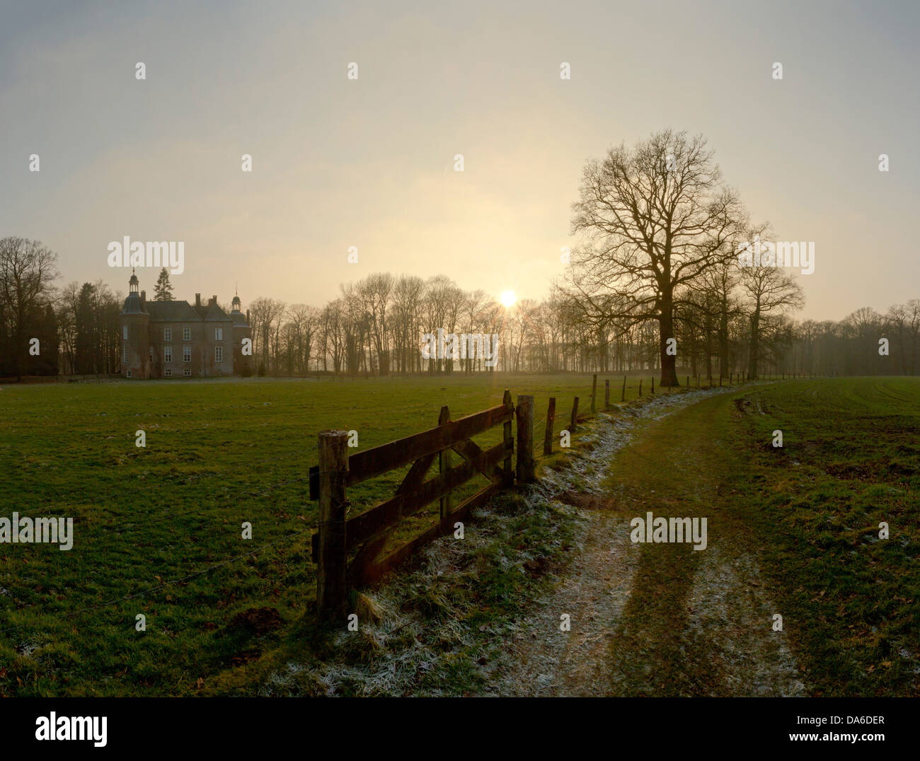 Gelderland, Netherlands, Europe, Vorden, Hackfort, castle, field, meadow, trees, winter, Stock Photo