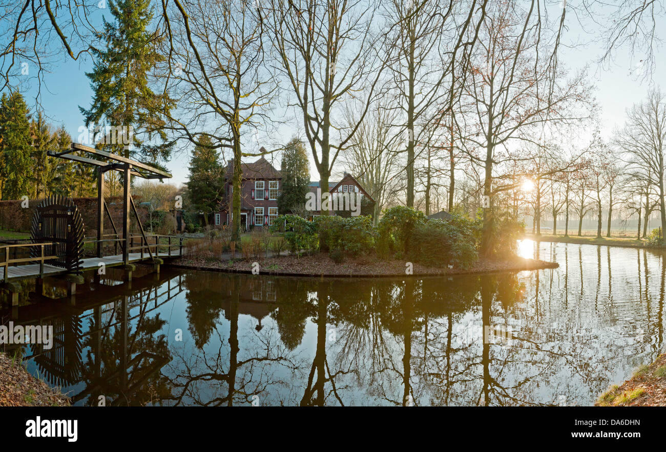 Noord-Brabant, Netherlands, Europe, Heeze, House, Heeze estate, house, water, trees, winter, Stock Photo
