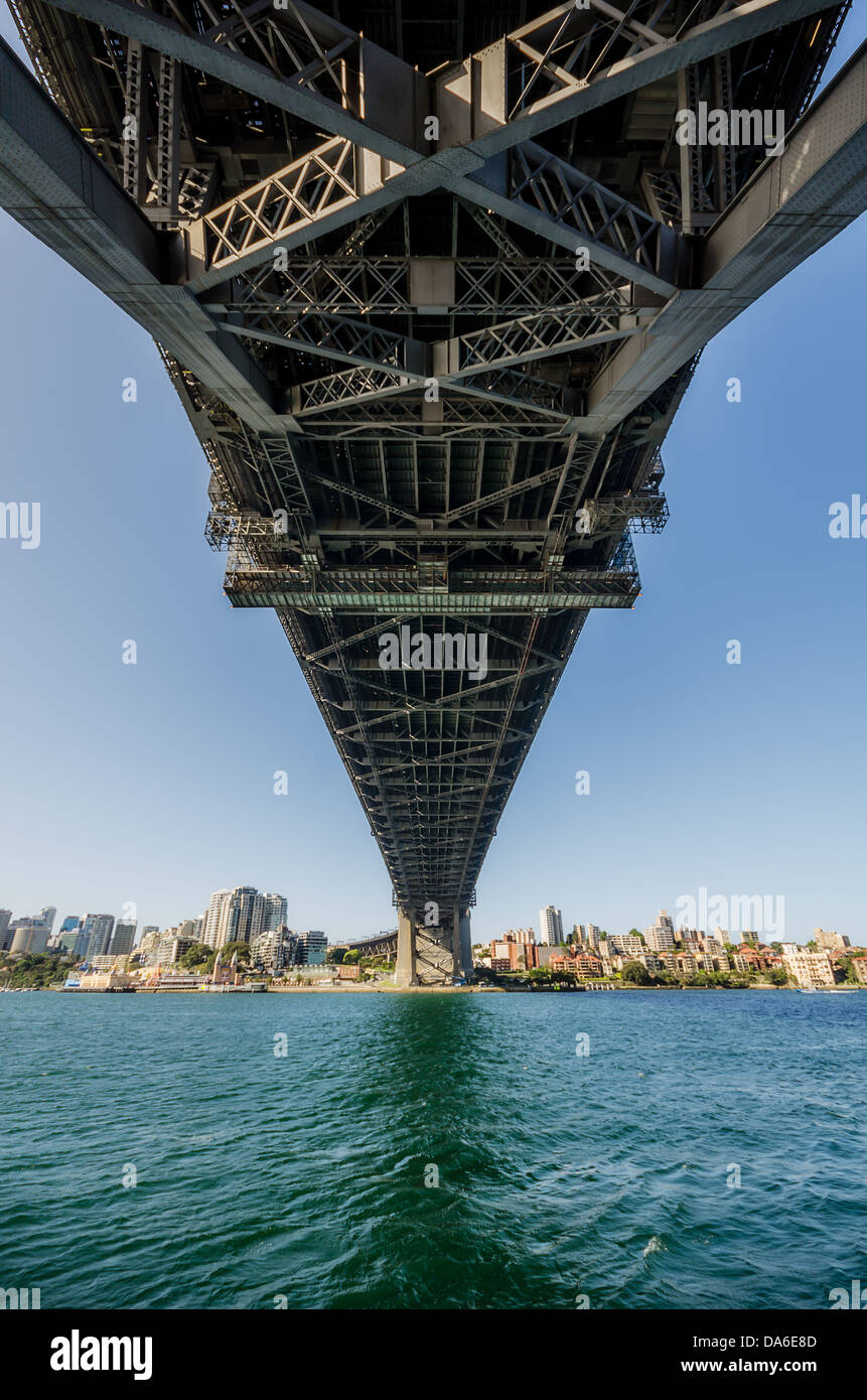 A unique view of the underbelly of the iconic Sydney Harbour Bridge which spans from downtown to North Sydney. Stock Photo