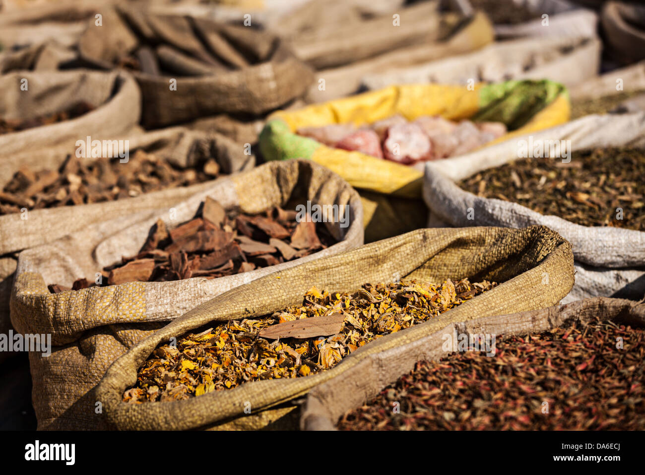 Travel India background various spices in Indian bazaar market Stock
