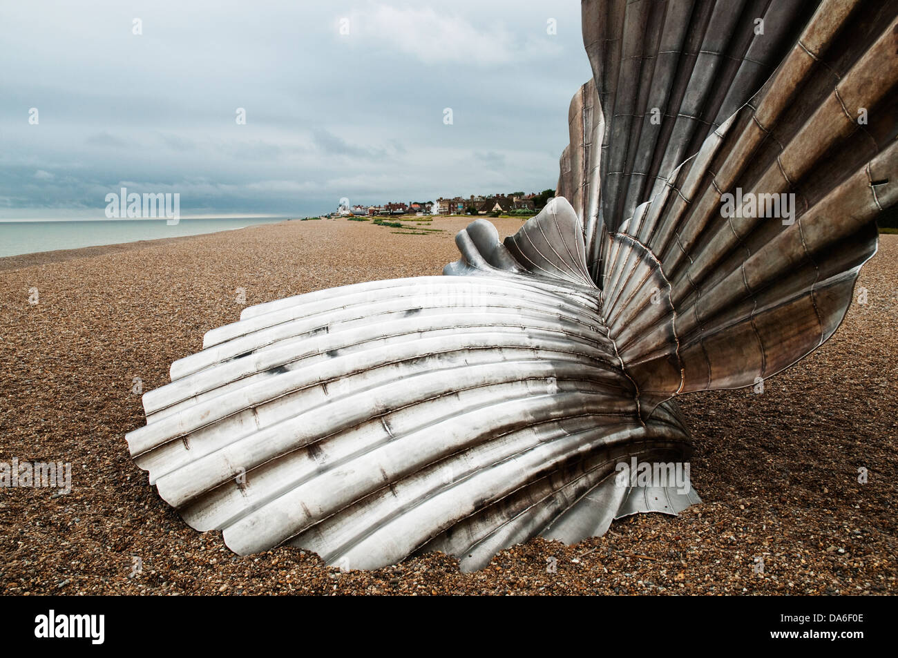 Steel 'Scallop shell' sculpture on the beech at Aldeburgh in Suffolk, England. Stock Photo