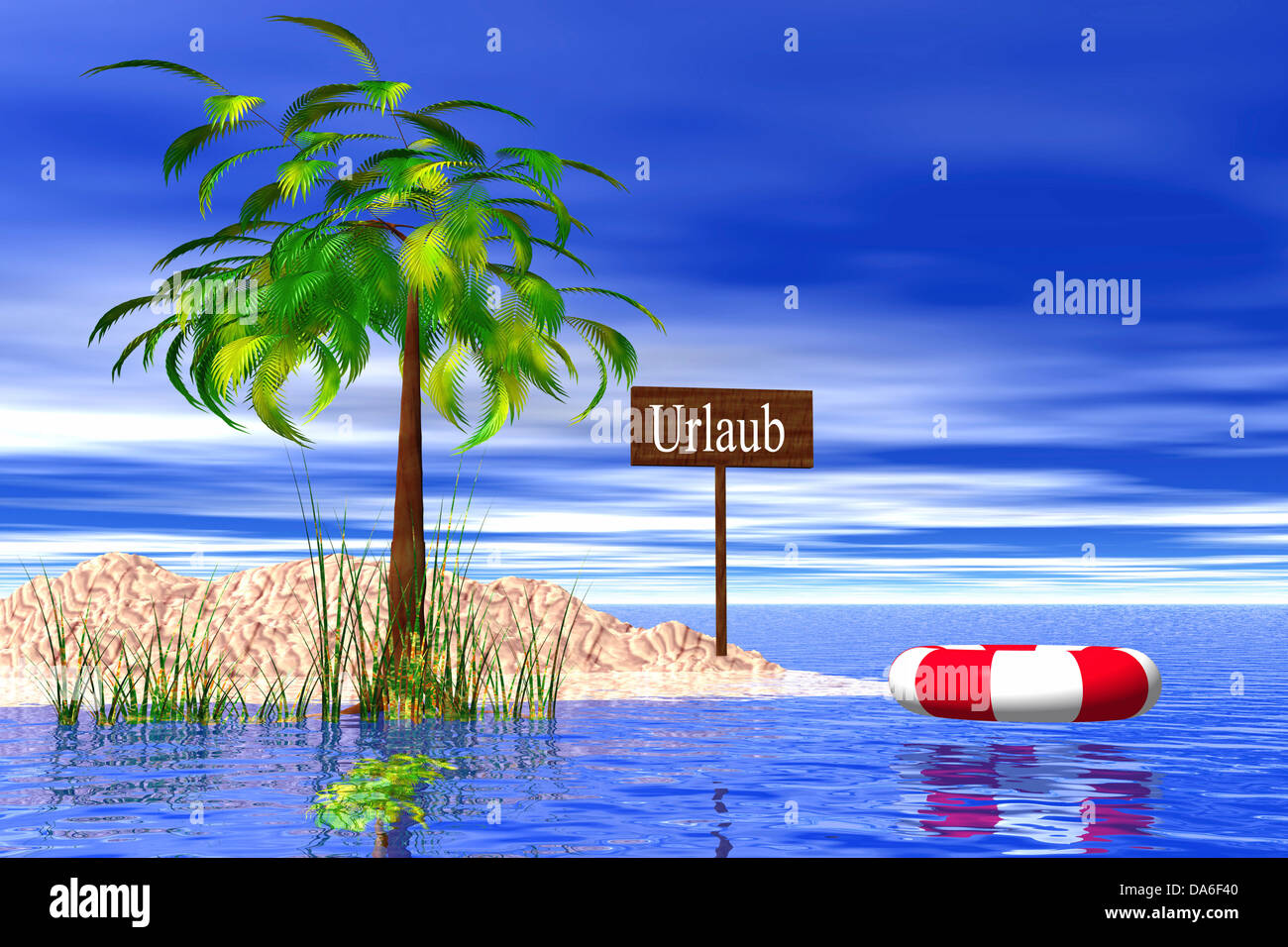 Small holiday island with sign 'Urlaub', German for 'holiday', palm tree and lifebuoy, illustration Stock Photo