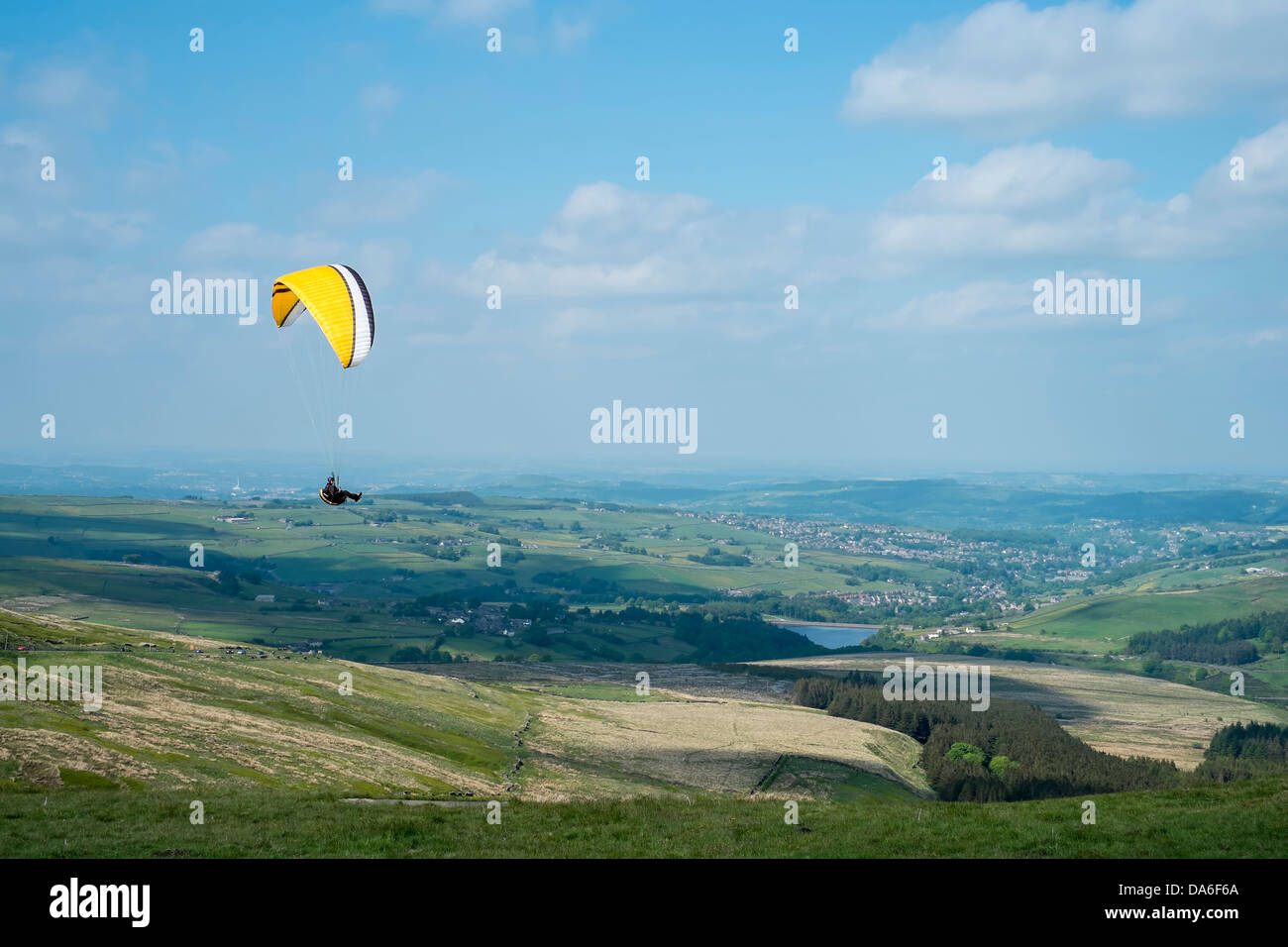 Paragliding from Holme Moss in June over the Holme Valley in West ...