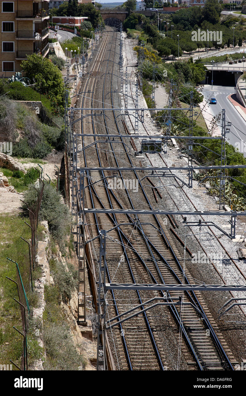 spanish electric electrified railway line lines tarragona catalonia spain Stock Photo
