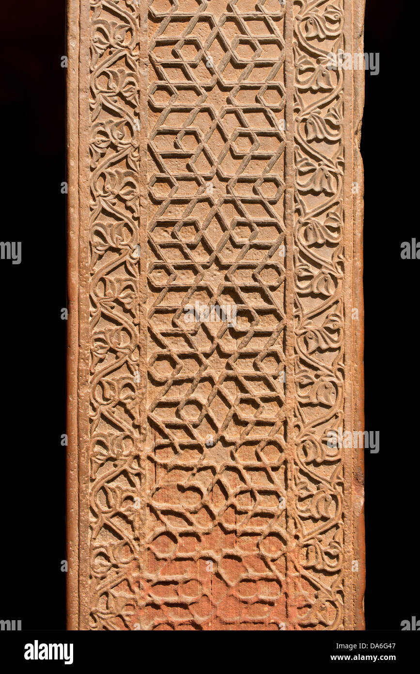 Decorative elements carved on a sandstone pillar, Red Fort Stock Photo