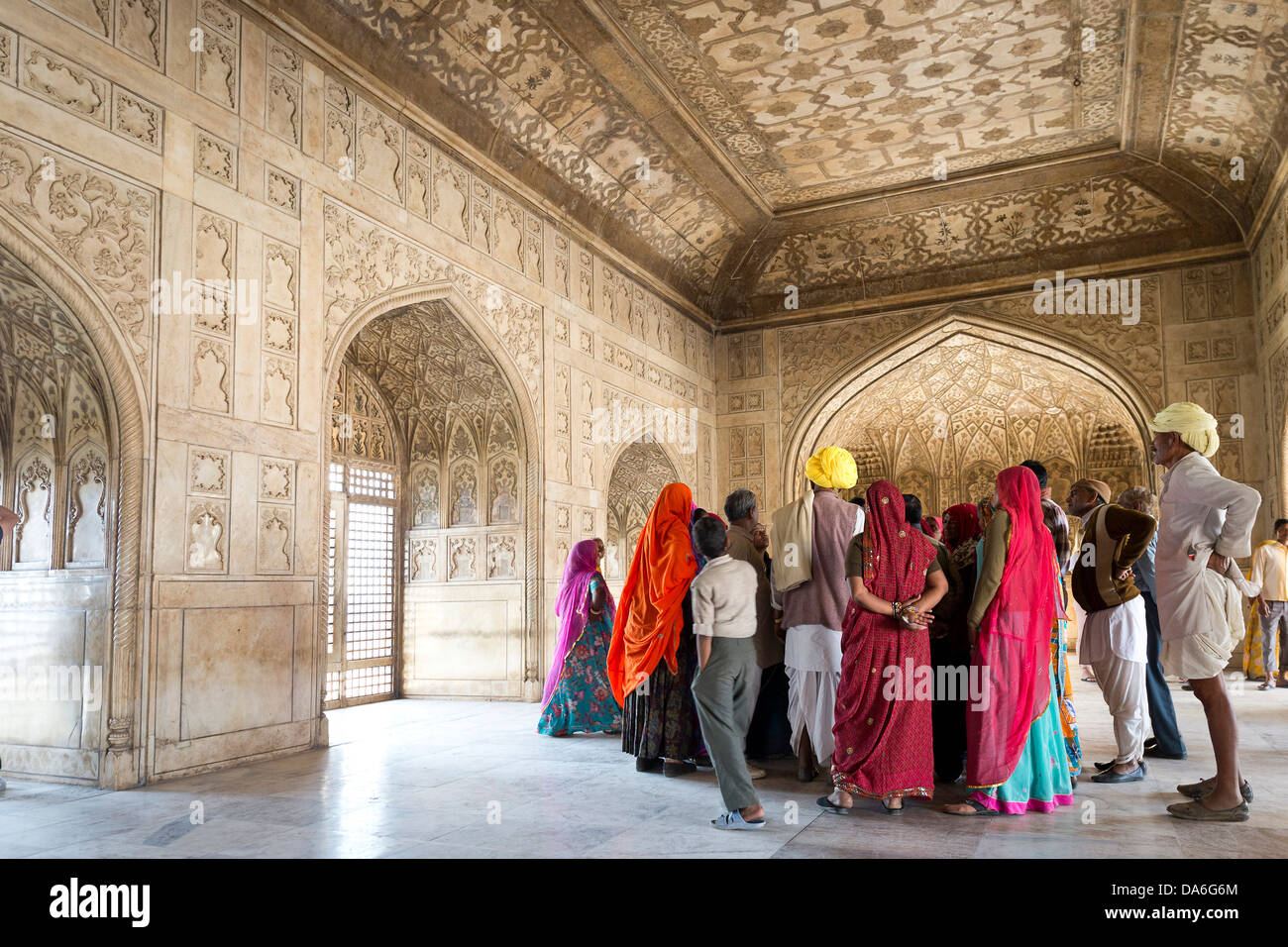 Group of Indian visitors, marble gazebo of Khas Mahal, Red Fort Stock Photo