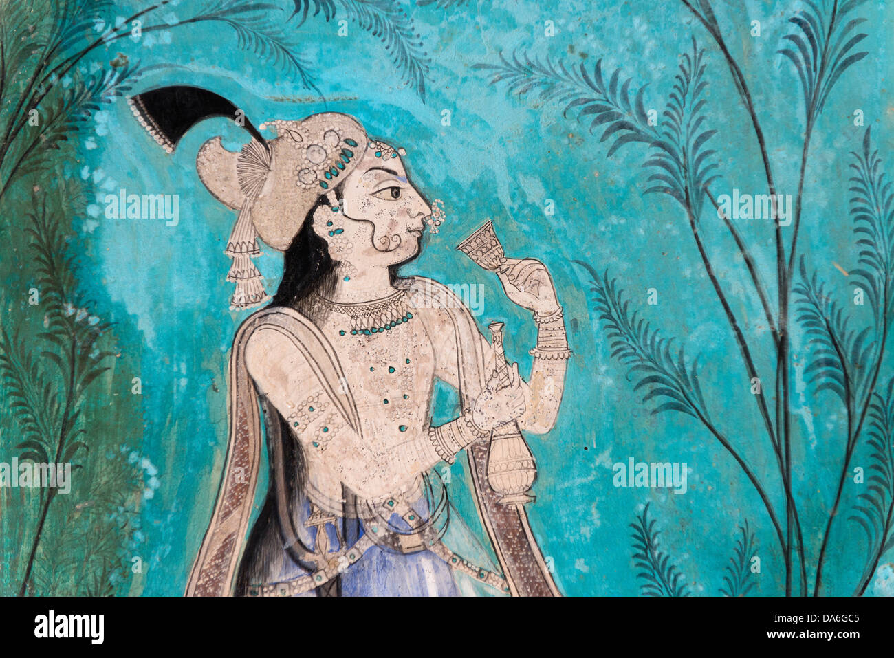 Nobleman, wall painting or fresco painted with natural colours from the Bundikalam school of painting, Chitrashala or Pavilion Stock Photo