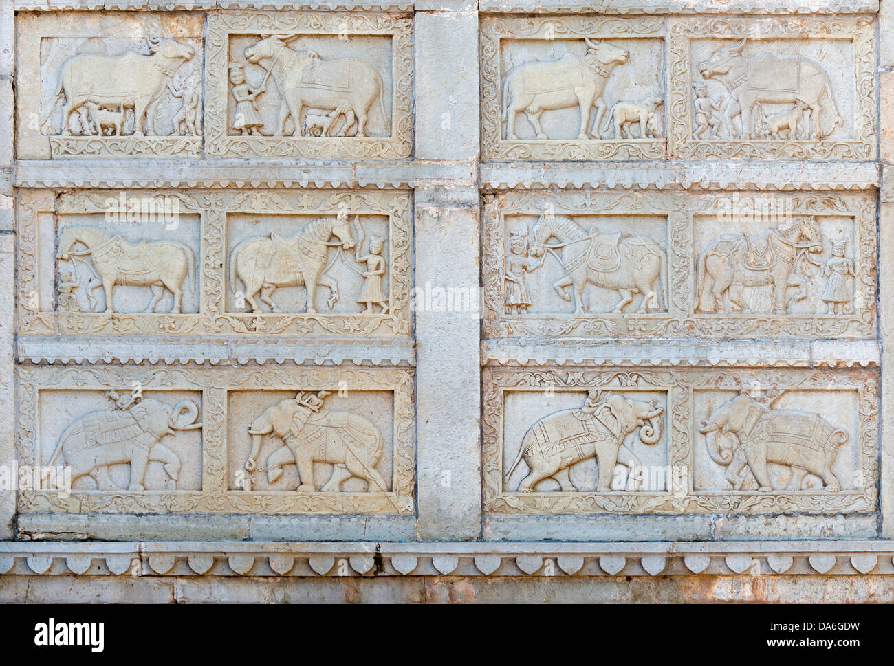 Reliefs of elephants, horses and cattle, 84-column cenotaph, grave monument or tomb Stock Photo