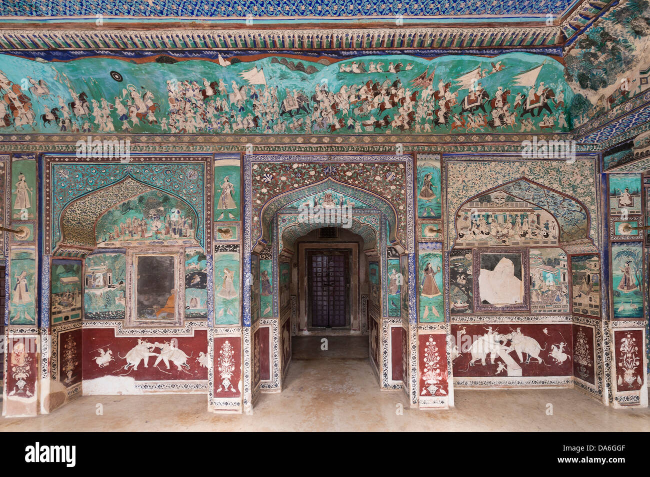 Wall paintings or frescoes painted with natural colours from the Bundikalam school of painting, Chitrashala or Pavilion of the Stock Photo