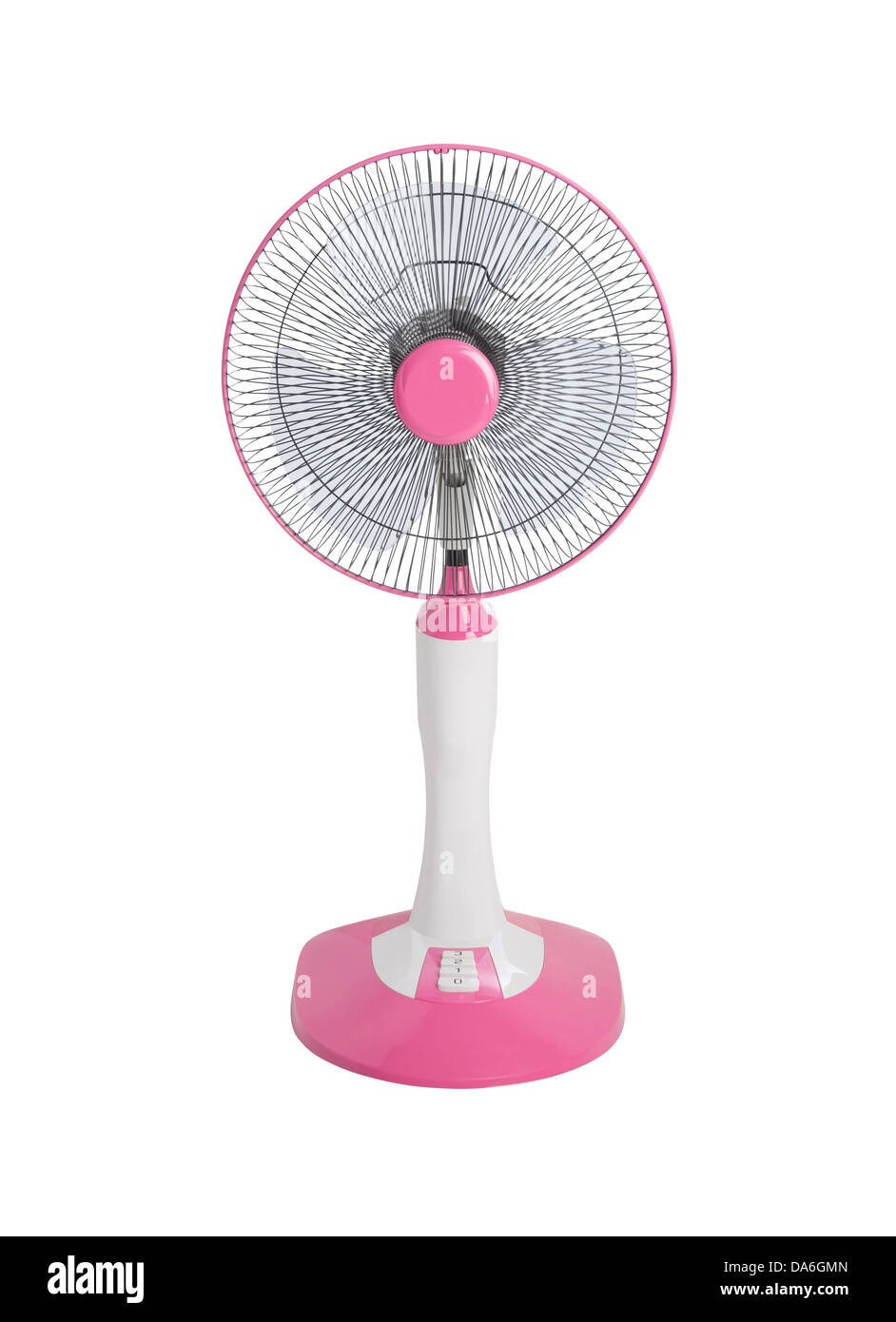 Pink electric fan to reduce hot weather Stock Photo