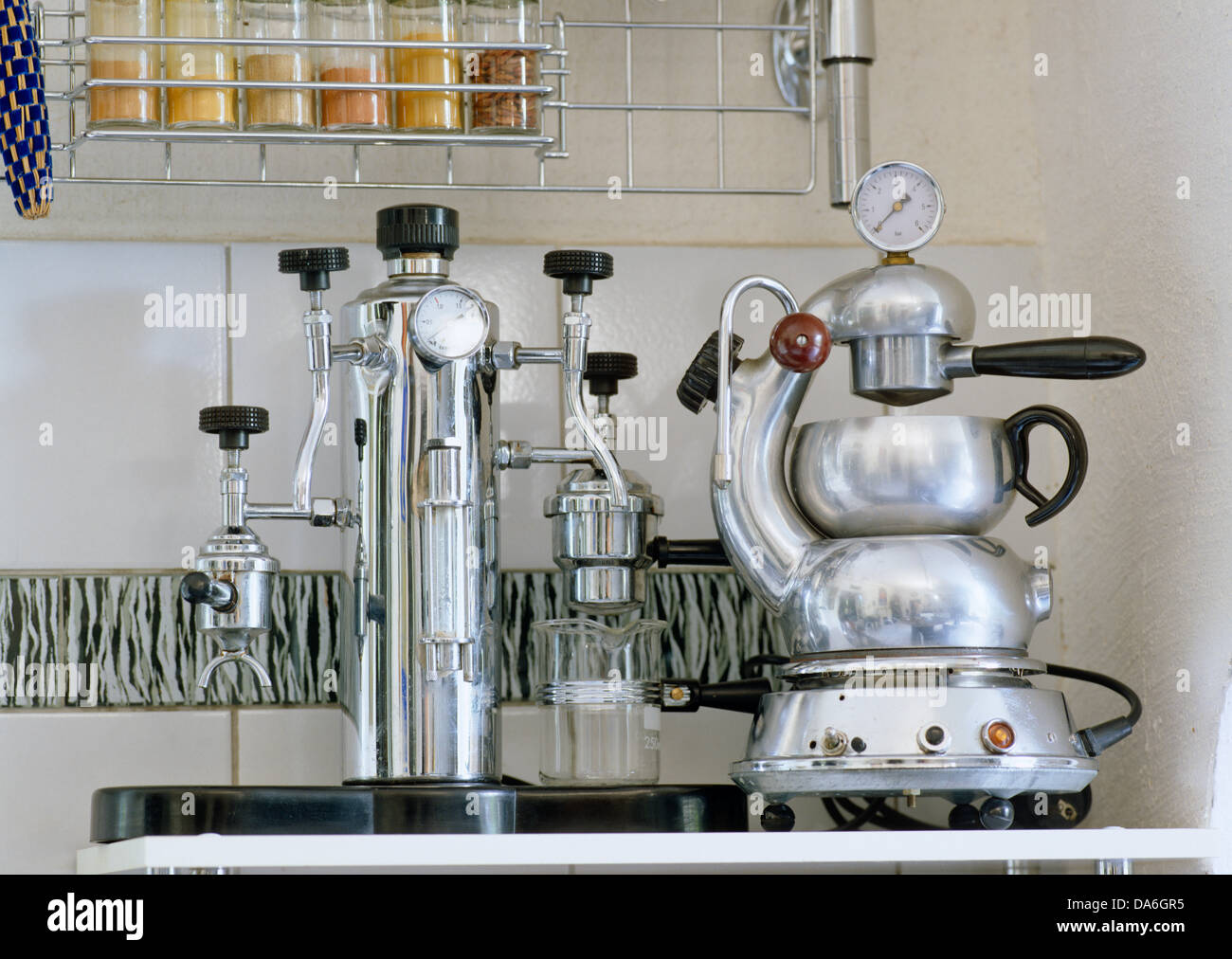 Close-up of stainless steel fifties coffee machines in modern kitchen Stock Photo
