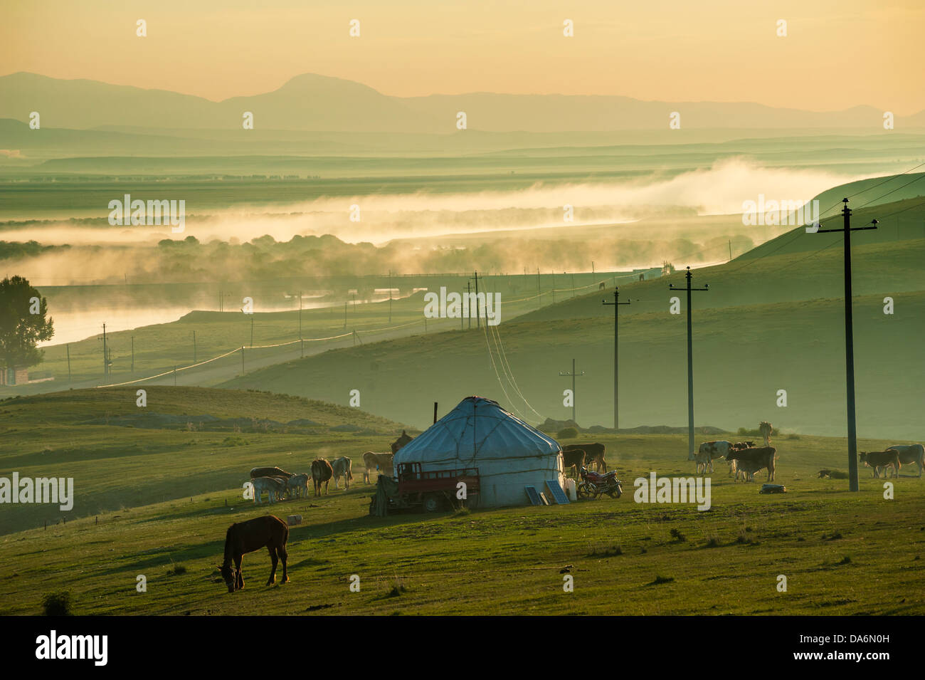 landscape of grassland in morning, Xinjiang of China Stock Photo