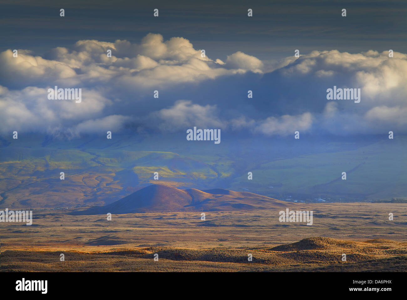 USA, United States, America, Hawaii, Big Island, Cinder Cone, Clouds, grassland, storm, mountains Stock Photo