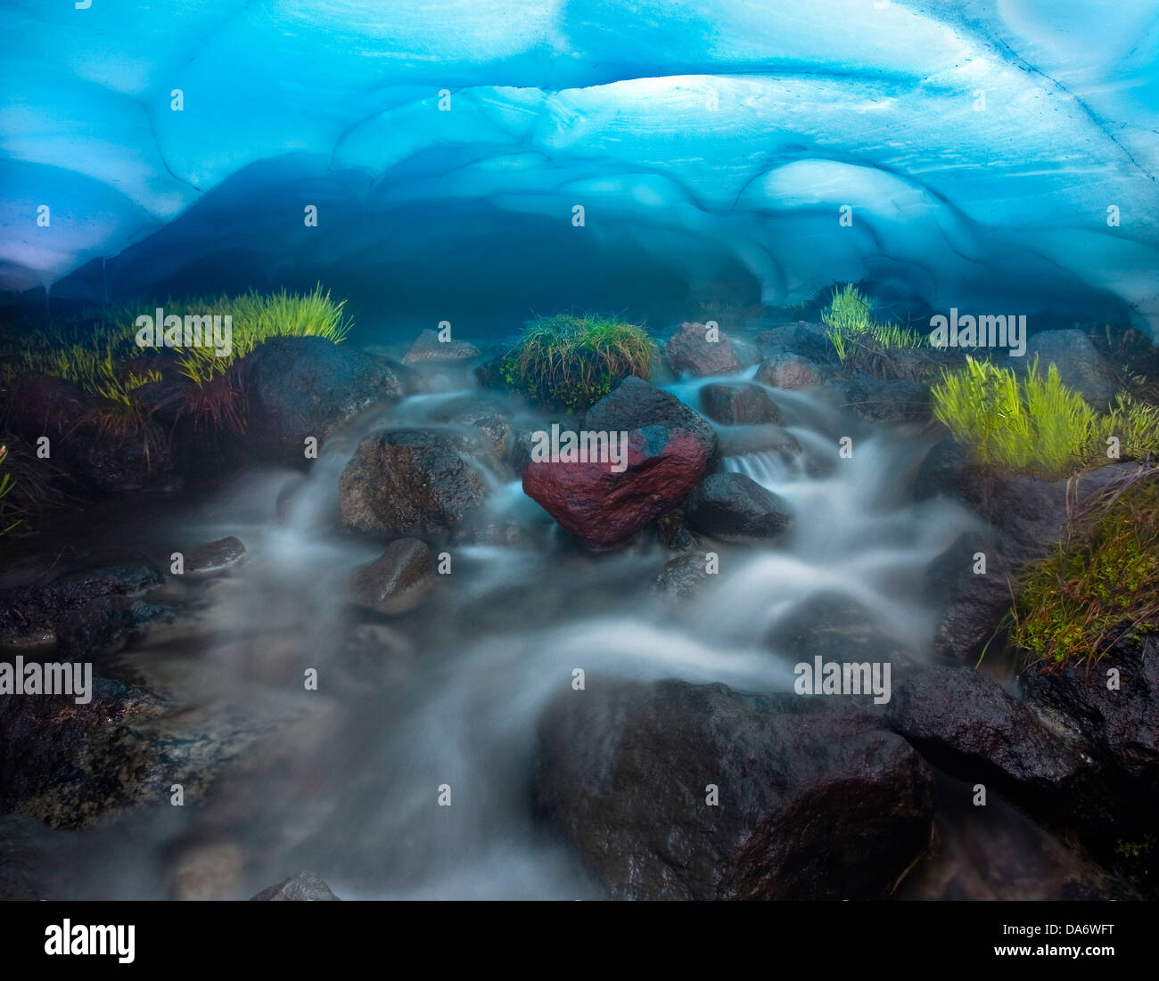 USA, United States, America, Oregon, Bend, landscape, mountains, nature, winter, ice cave, ice, cave, grass, stream, Stock Photo